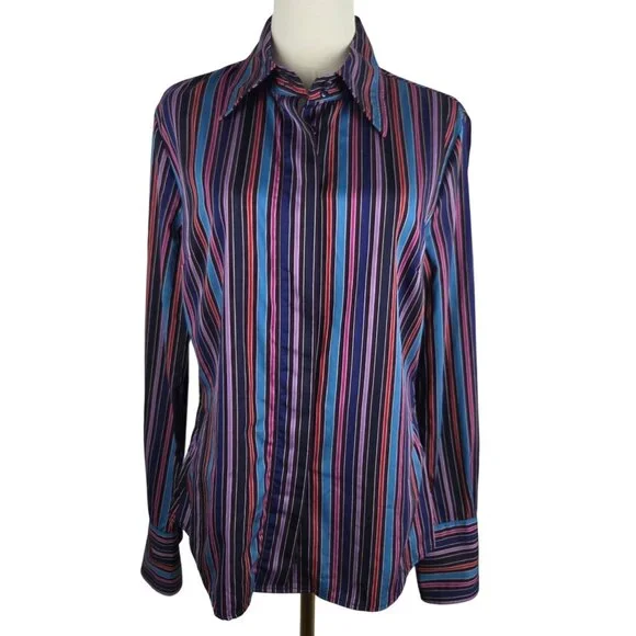 Faconnable Womens ButtonUp Shirt Sz 42 Medium Striped Multi Colorful Silky Retro - Picture 2 of 9
